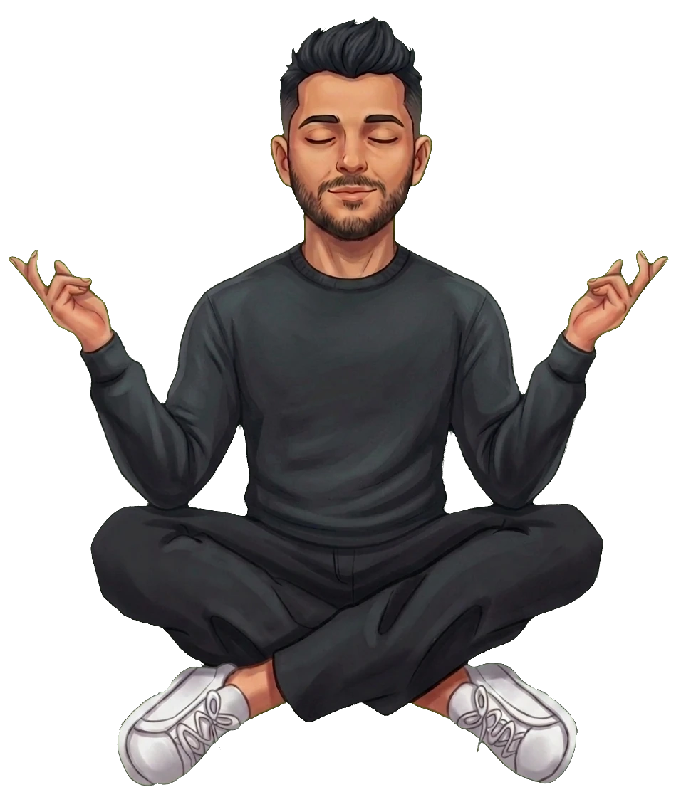 Illustration of a calm meditating figure with a laptop, representing quiet AI automation by XenSoft